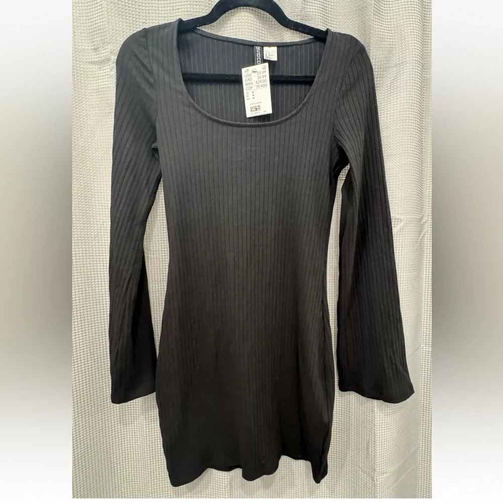 NEW Divided H&M Women’s medium Black Sweater Dress Long bell Sleeve Ribbed Boho